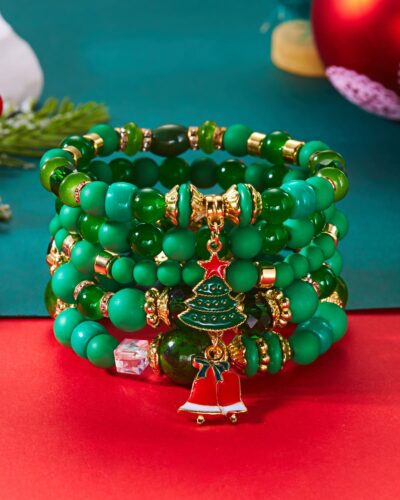 5Pcs Jingle Bell & Tree Beaded Elastic Charm Bracelets for Christmas