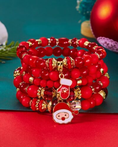 5Pcs Jingle Bell & Tree Beaded Elastic Charm Bracelets for Christmas