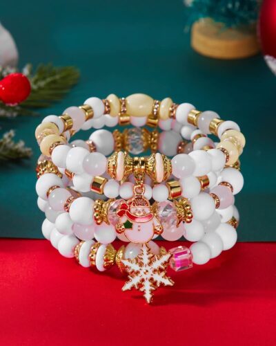 5Pcs Jingle Bell & Tree Beaded Elastic Charm Bracelets for Christmas