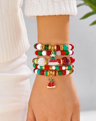 5Pcs Jingle Bell & Tree Beaded Elastic Charm Bracelets for Christmas