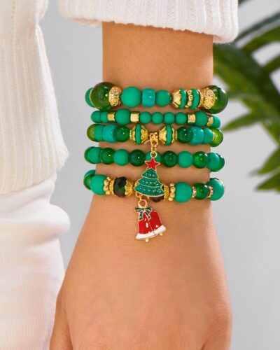 5Pcs Jingle Bell & Tree Beaded Elastic Charm Bracelets for Christmas