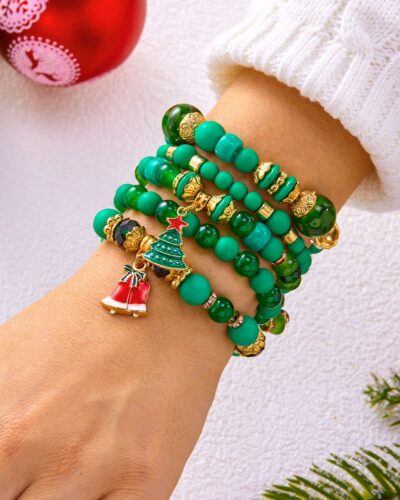 5Pcs Jingle Bell & Tree Beaded Elastic Charm Bracelets for Christmas