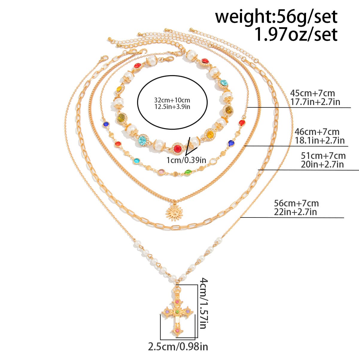 5Pcs Stackable Antique Cross Pendant Necklace Pearl Choker