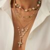 5Pcs Stackable Antique Cross Pendant Necklace Pearl Choker