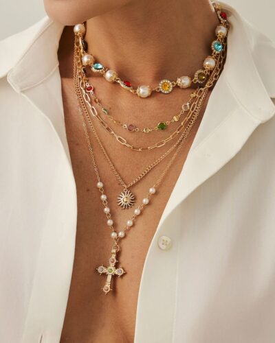 5Pcs Stackable Antique Cross Pendant Necklace Pearl Choker