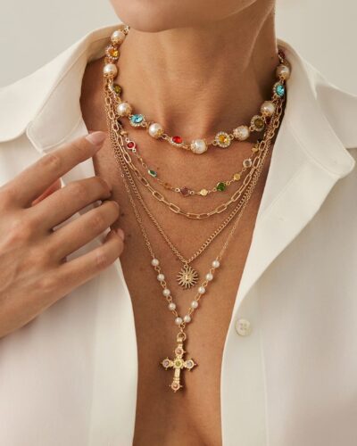 5Pcs Stackable Antique Cross Pendant Necklace Pearl Choker