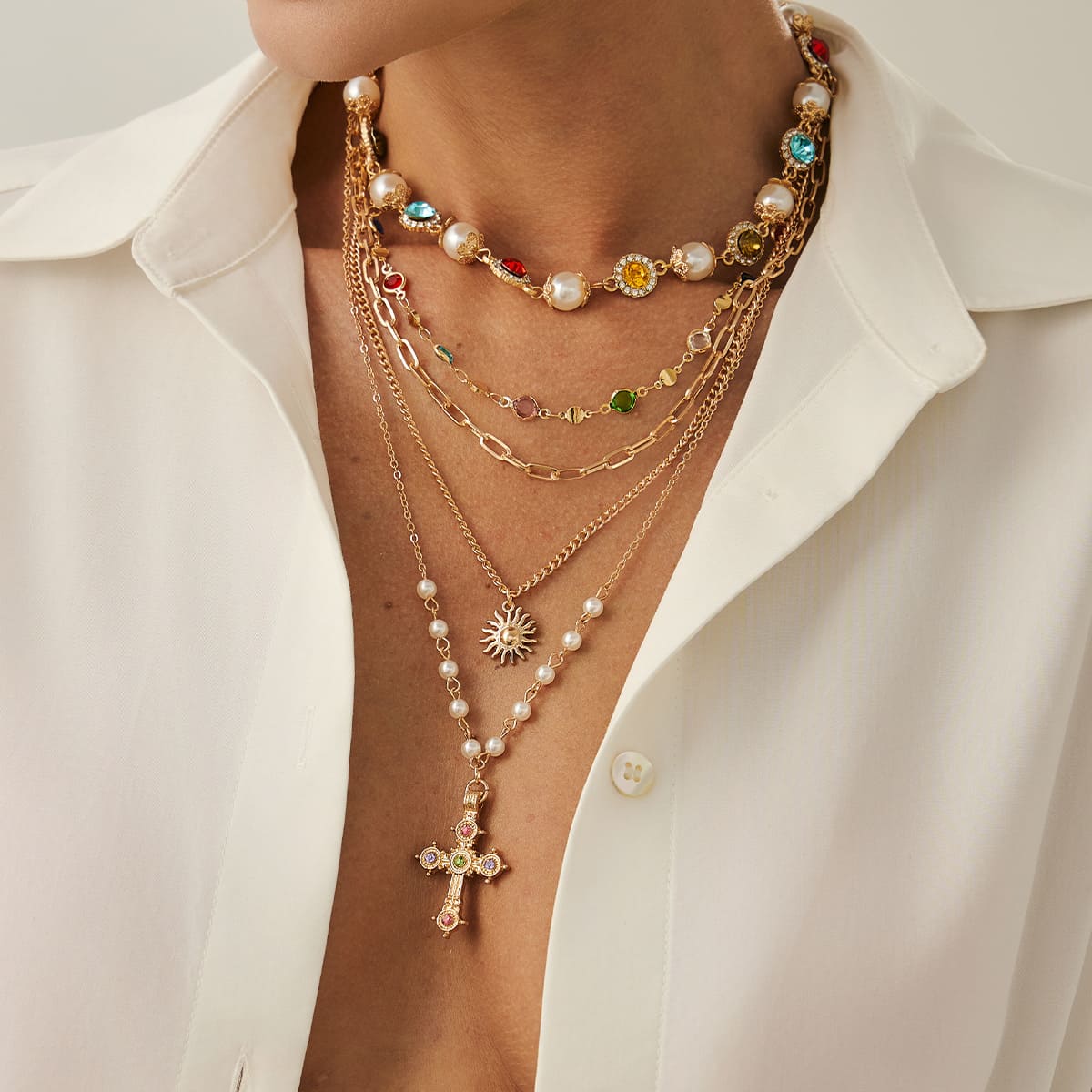 5Pcs Stackable Antique Cross Pendant Necklace Pearl Choker
