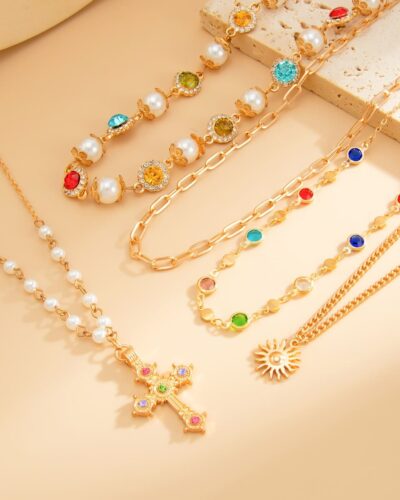 5Pcs Stackable Antique Cross Pendant Necklace Pearl Choker 3