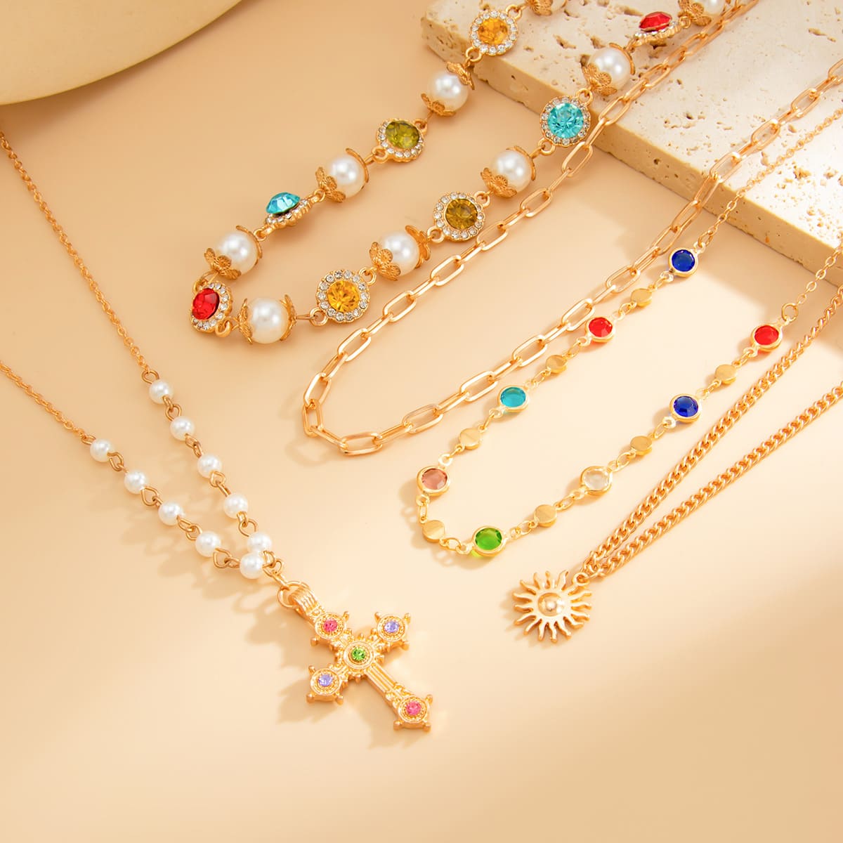5Pcs Stackable Antique Cross Pendant Necklace Pearl Choker