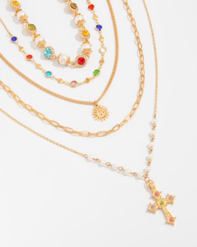 5Pcs Stackable Antique Cross Pendant Necklace Pearl Choker