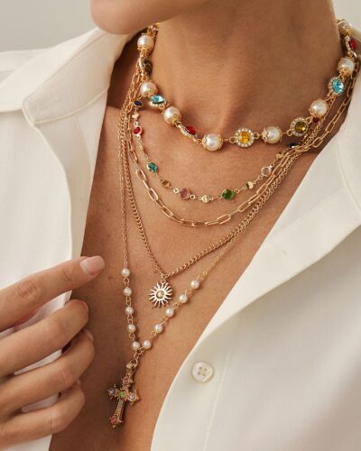 5Pcs Stackable Antique Cross Pendant Necklace Pearl Choker