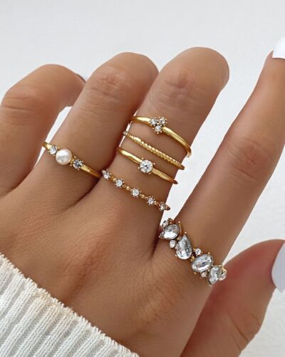 6 Pcs Adjustable Pearl and Diamond Open Ring Set