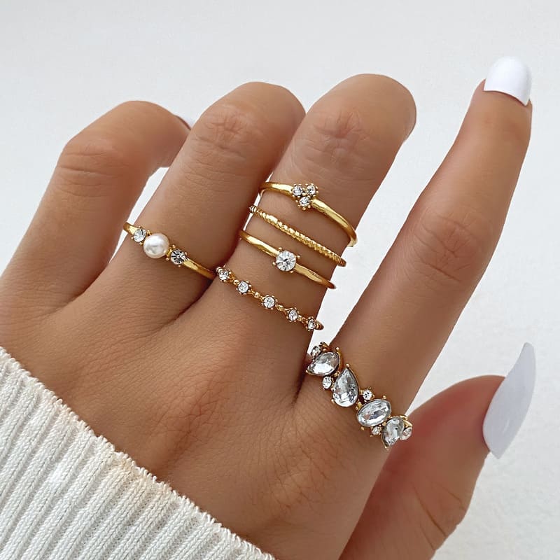 6 Pcs Adjustable Pearl and Diamond Open Ring Set
