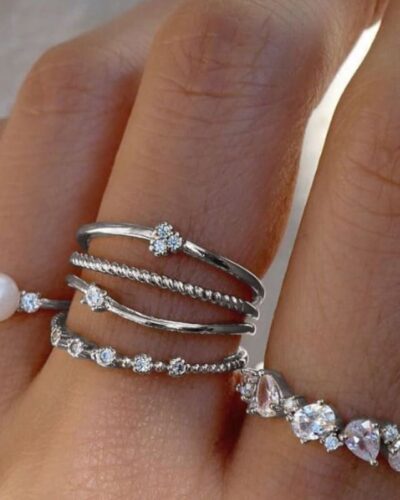 6 Pcs Adjustable Pearl and Diamond Open Ring Set