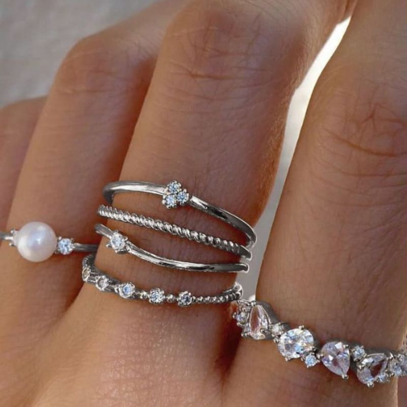 6 Pcs Adjustable Pearl and Diamond Open Ring Set