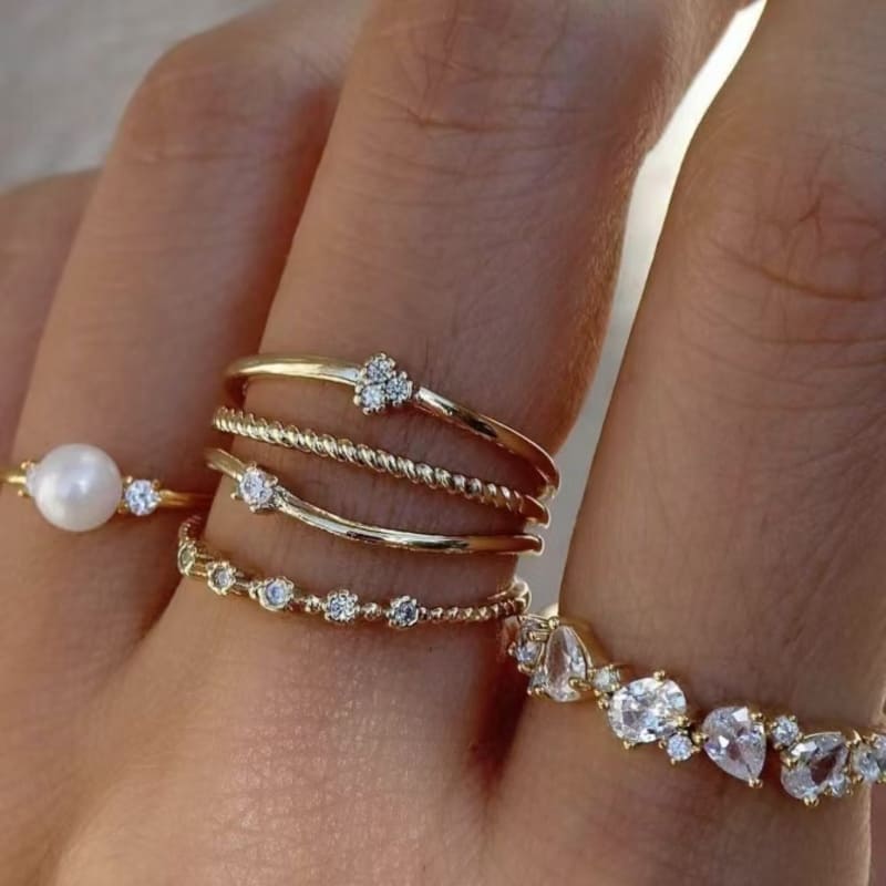 6 Pcs Adjustable Pearl and Diamond Open Ring Set