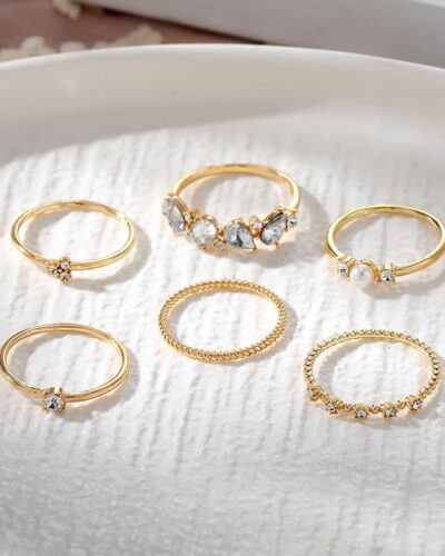 6 Pcs Adjustable Pearl and Diamond Open Ring Set