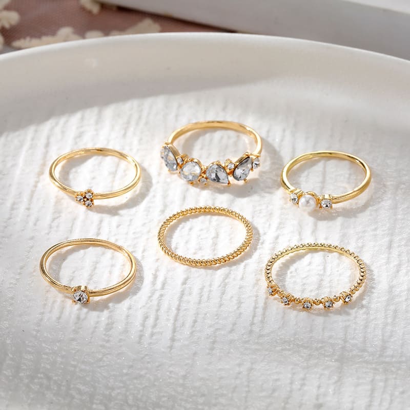 6 Pcs Adjustable Pearl and Diamond Open Ring Set