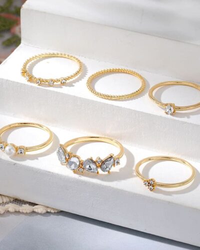 6 Pcs Adjustable Pearl and Diamond Open Ring Set