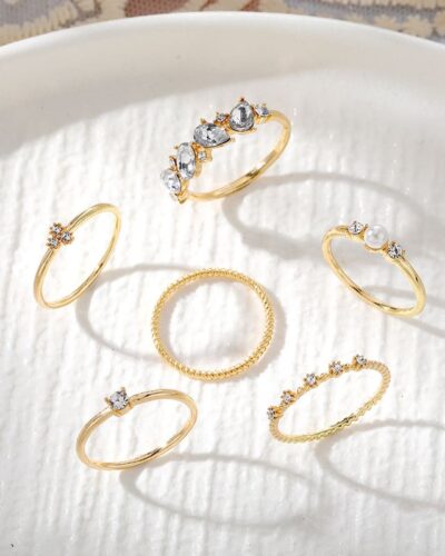 6 Pcs Adjustable Pearl and Diamond Open Ring Set