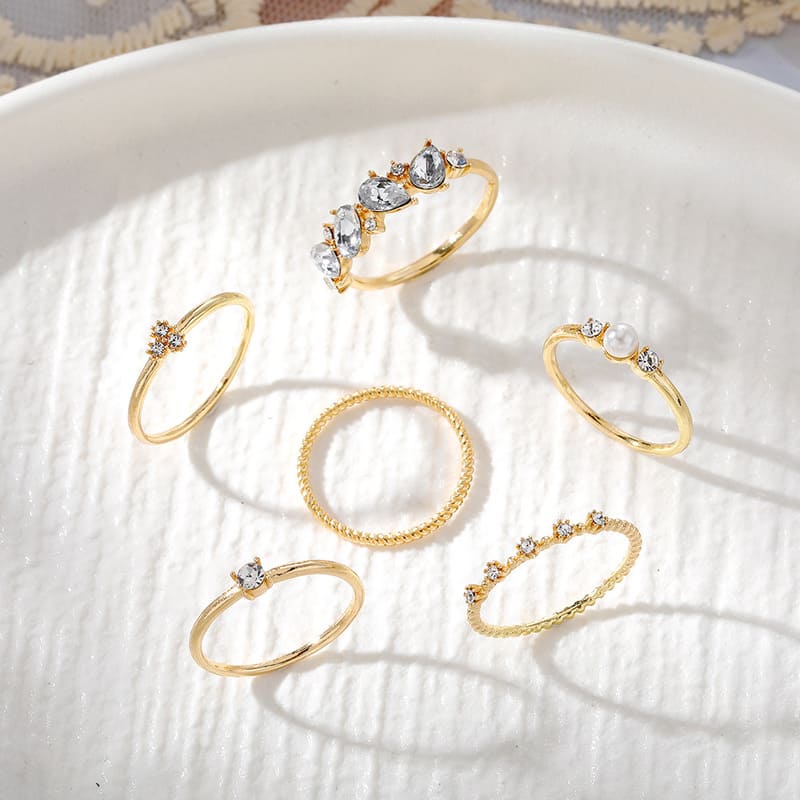 6 Pcs Adjustable Pearl and Diamond Open Ring Set