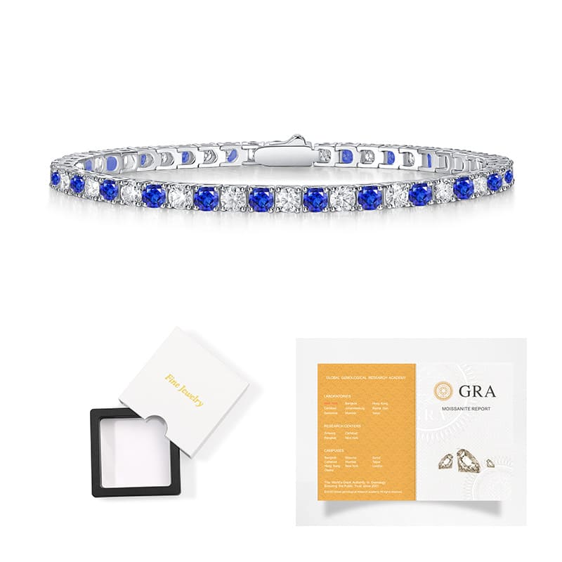 925 Sterling Silver 3mm Moissanite Diamond and Sapphire Tennis Bracelet 1 1