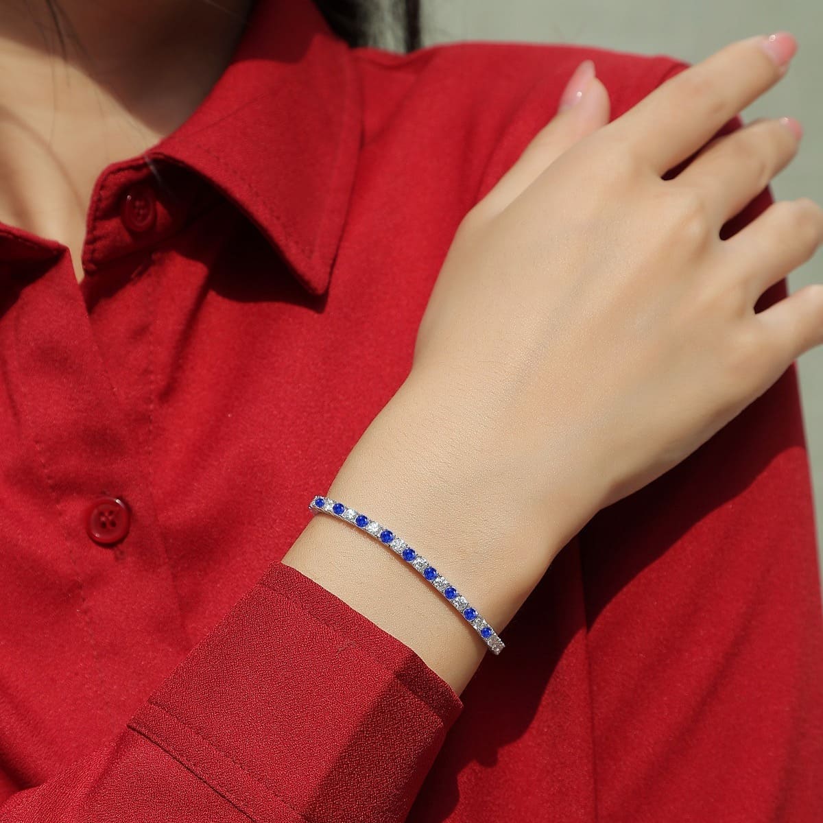 925 Sterling Silver 3mm Moissanite Diamond and Sapphire Tennis Bracelet 2 1