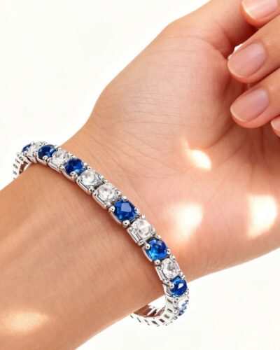 925 Sterling Silver 3mm Moissanite Diamond and Sapphire Tennis Bracelet 6