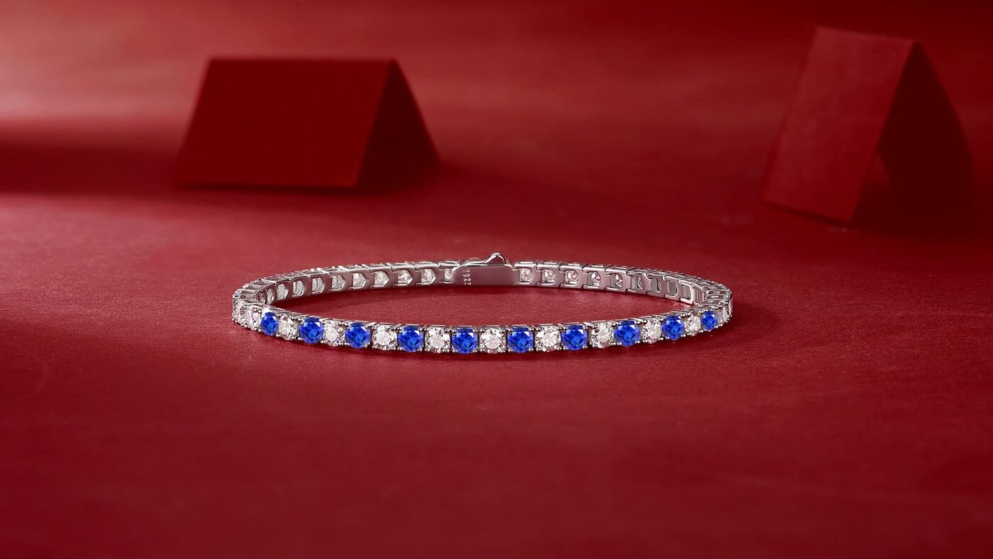 925 Sterling Silver 3mm Moissanite Diamond and Sapphire Tennis Bracelet 9