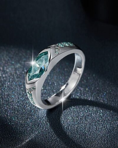 925 Sterling Silver Blue Green Marquise Cut Moissanite Ring Wedding Band