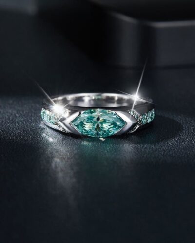 925 Sterling Silver Blue Green Marquise Cut Moissanite Ring Wedding Band