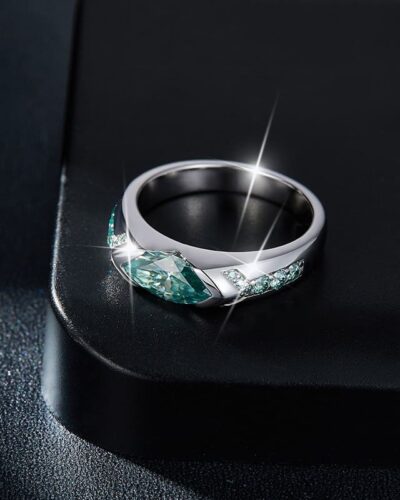925 Sterling Silver Blue Green Marquise Cut Moissanite Ring Wedding Band