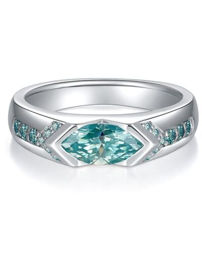 925 Sterling Silver Blue Green Marquise Cut Moissanite Ring Wedding Band