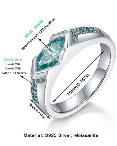 925 Sterling Silver Blue Green Marquise Cut Moissanite Ring Wedding Band