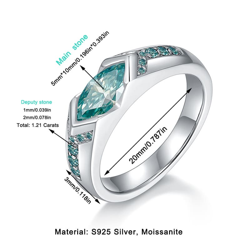 925 Sterling Silver Blue Green Marquise Cut Moissanite Ring Wedding Band 8