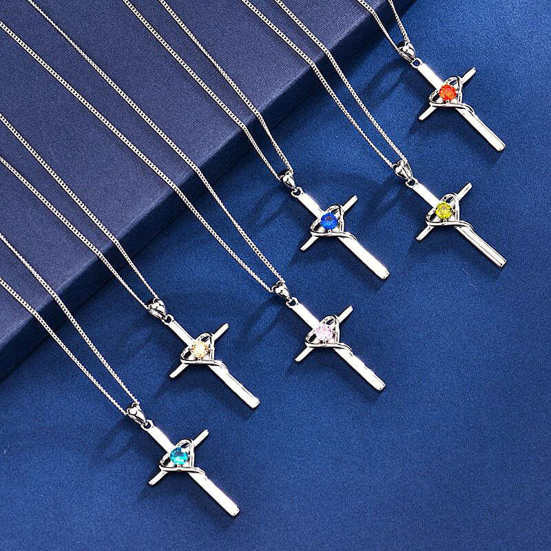 Elegant Birthstone 925 Sterling Silver CZ Cross Necklace - Image 3