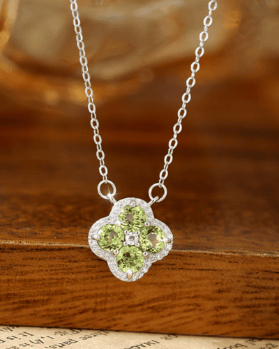 925 Sterling Silver Four-Leaf Clover August Peridot Pendant Necklace