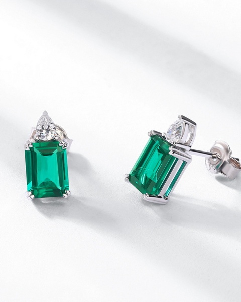 925 Sterling Silver Lab Grown May Emerald Green Stud Earrings