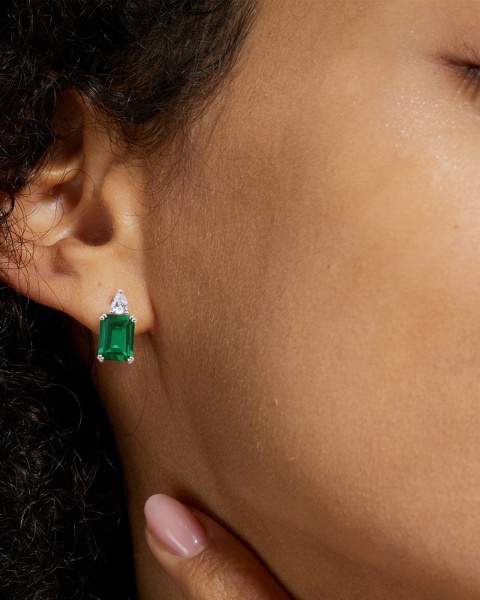 925 Sterling Silver Lab Grown May Emerald Green Stud Earrings