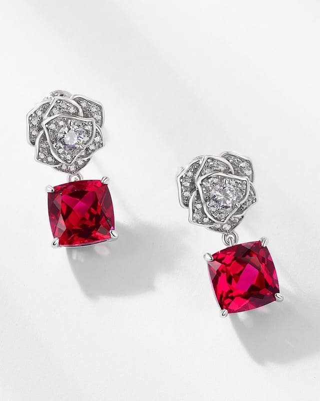 925 Sterling Silver Rose Ruby Dangle Earrings July Birthstone