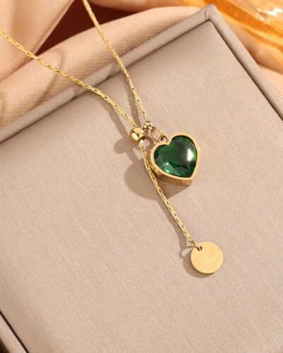 Adjustable Gold Emerald Heart Necklace Gift for Mom