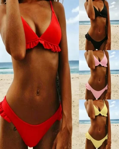 Adjustable Solid Color Ruffles Cute Two Piece Bikinis Women's Beach Swimwear