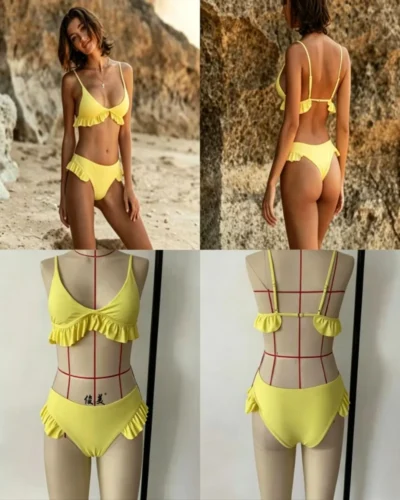 Adjustable Solid Color Ruffles Cute Two Piece Bikinis Women's Beach Swimwear