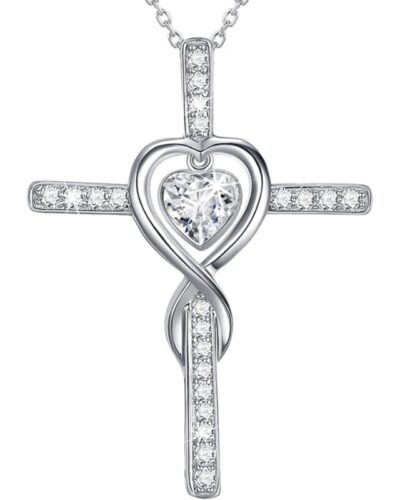 Silver Ladies Birthstone Cross Necklace Pendant