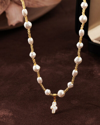 Baroque Spacer Beads Pearl Cross Necklace