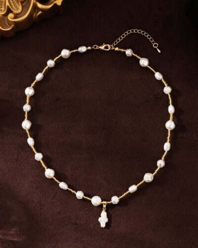 Baroque Spacer Beads Pearl Cross Necklace