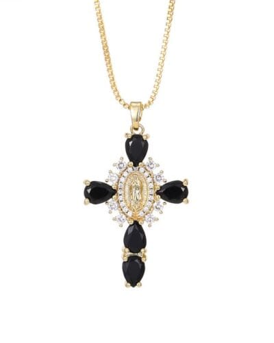 Shiny Zircon Gold Virgin Mary Cross Necklace Pendant