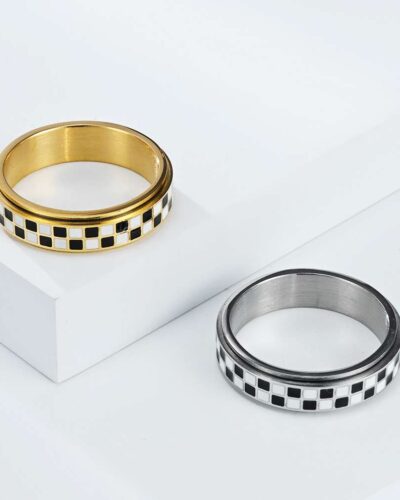 Checkerboard Stainless Steel Spinner Rings for Women
