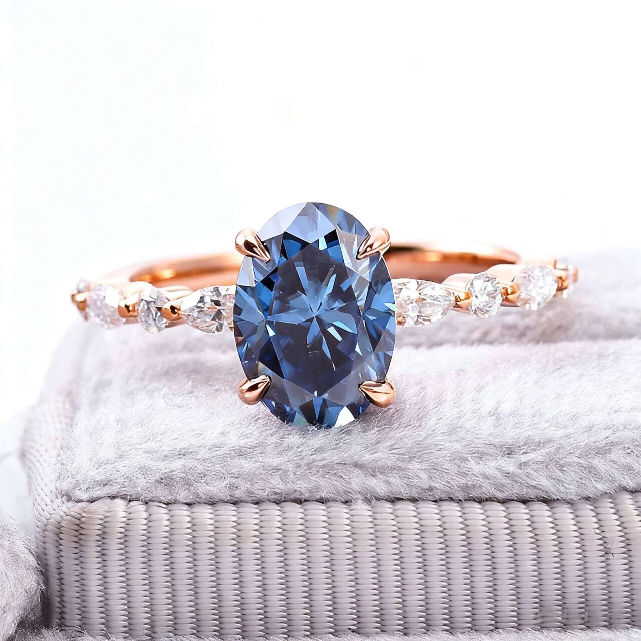 Blue-Grey Oval Cut Moissanite Solitaire Ring