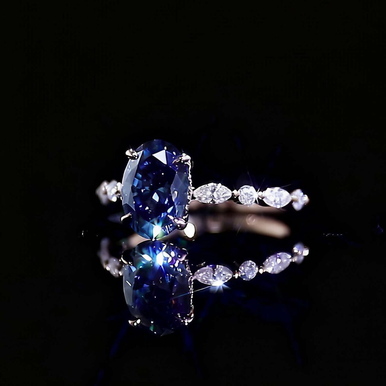 Alternative view of Blue-Grey Oval Cut Moissanite Solitaire Ring